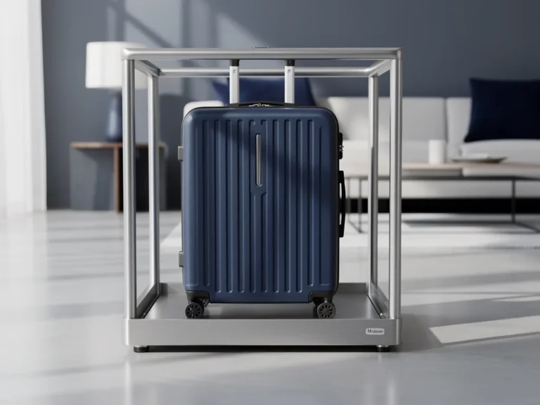 valise cabine bleu marine placee dans un gabarit metallique ouvert, marge visible sur les cotes