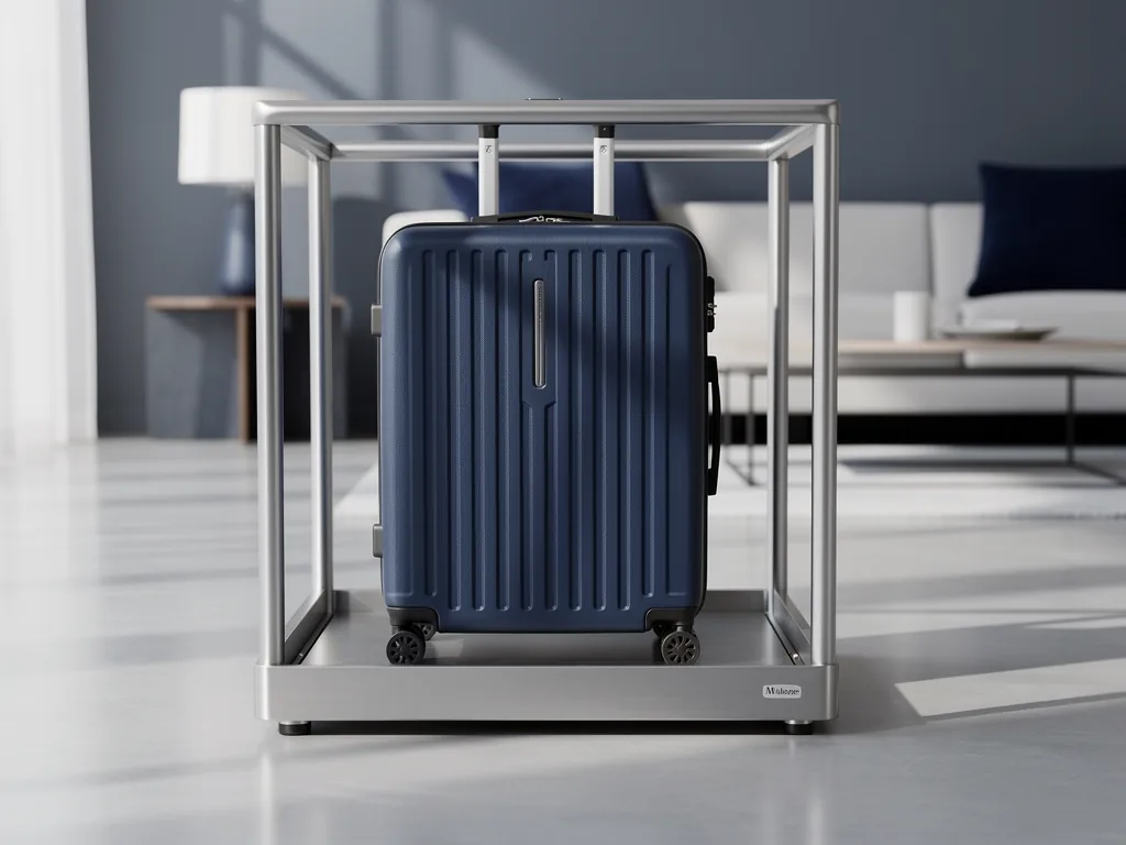 valise cabine bleu marine placee dans un gabarit metallique ouvert, marge visible sur les cotes