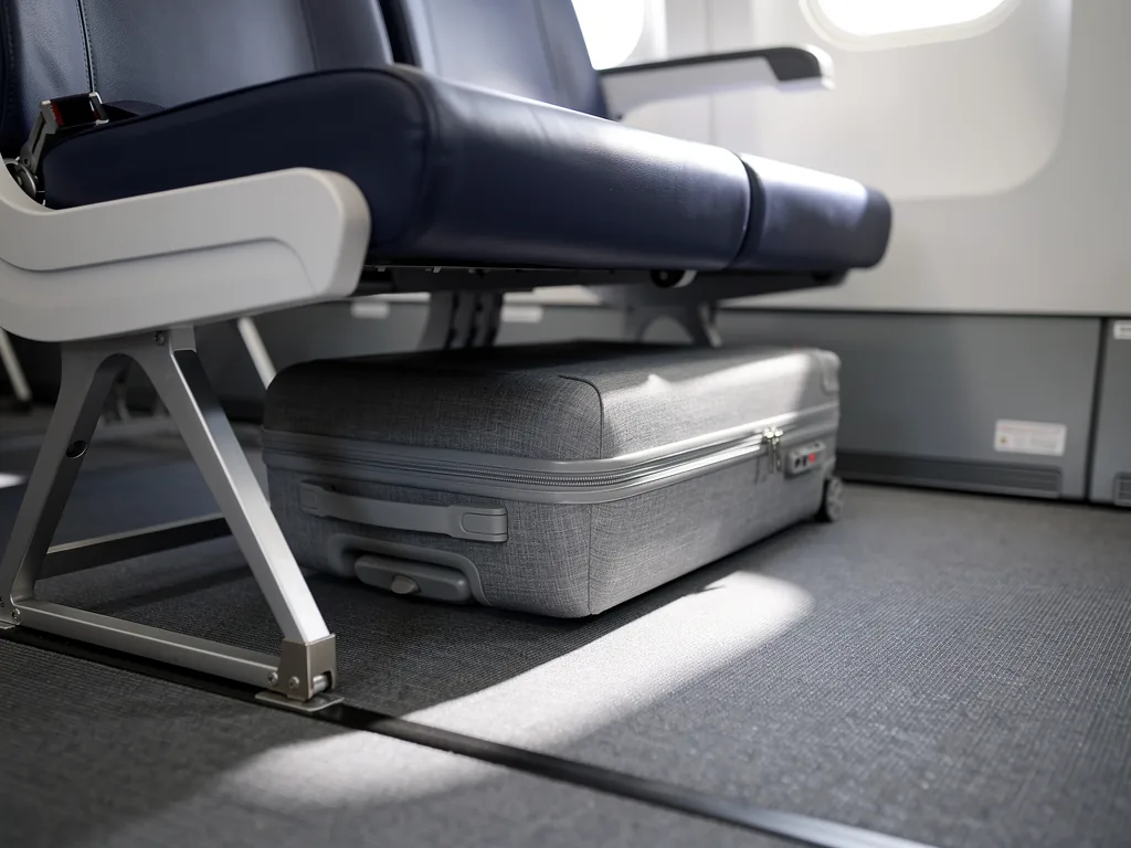bagage cabine gris souple glisse sous un siege d'avion, vu depuis l'allee