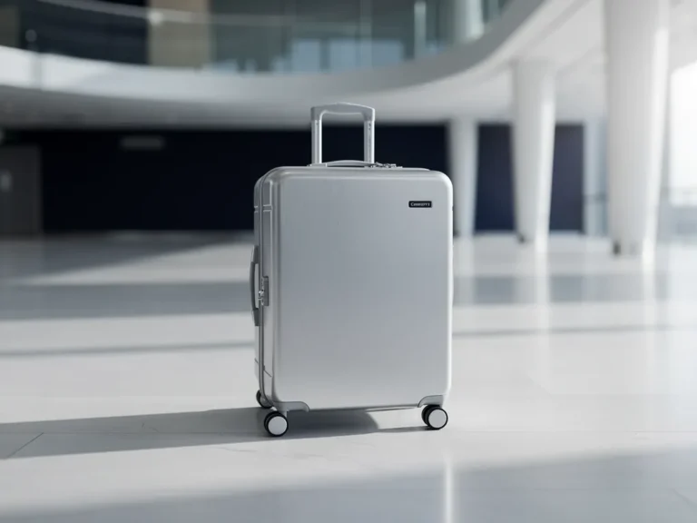 valise cabine argentee a coque rigide et quatre roues, seule dans un hall d'aeroport