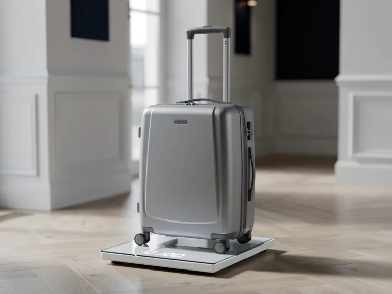 valise cabine grise posee sur un pese-personne en verre, poignee telescopique sortie