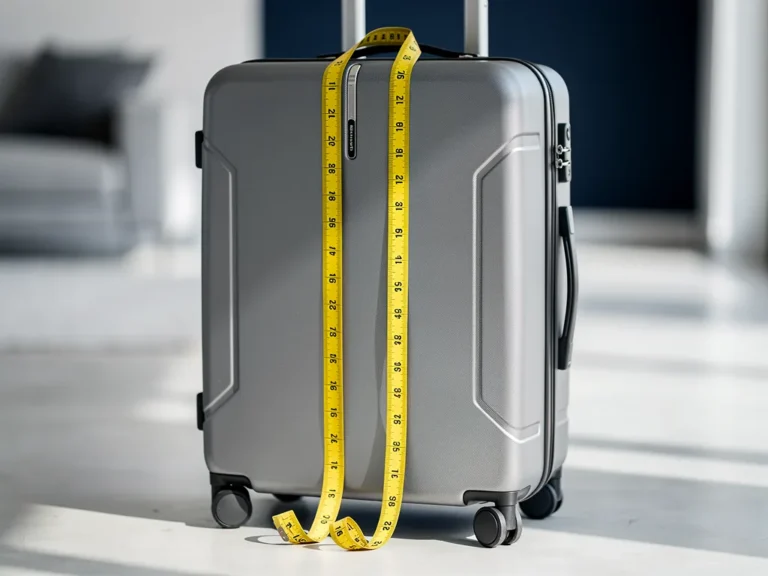 valise cabine grise a coque rigide avec un metre ruban jaune deroule le long de sa face avant