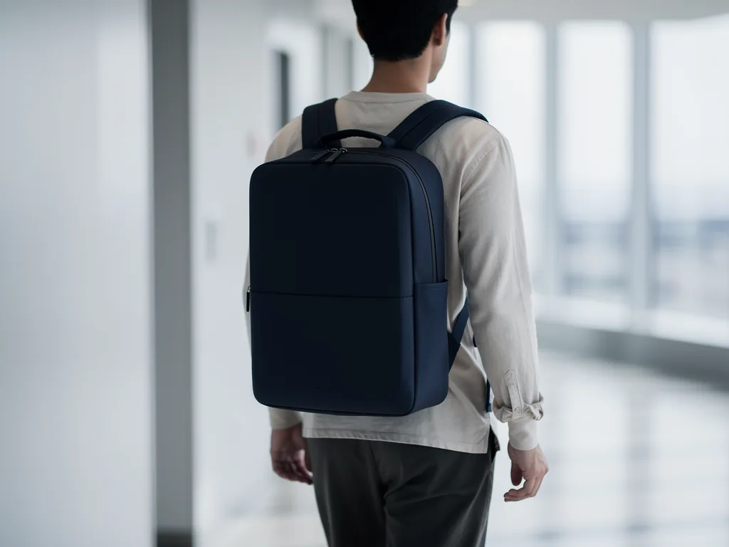 voyageur de dos portant un sac a dos de cabine bleu marine dans un couloir d'aeroport
