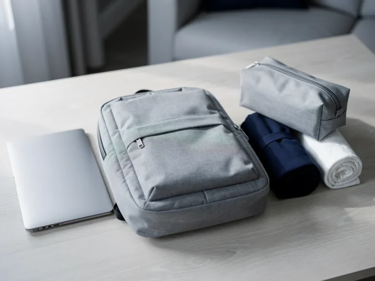 sac a dos de cabine gris a plat sur une table avec un ordinateur portable, une trousse et deux vetements roules