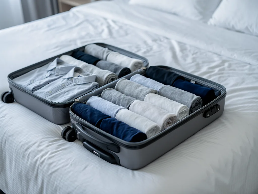 valise cabine grise ouverte a plat sur un lit, vetements roules ranges dans les deux cotes