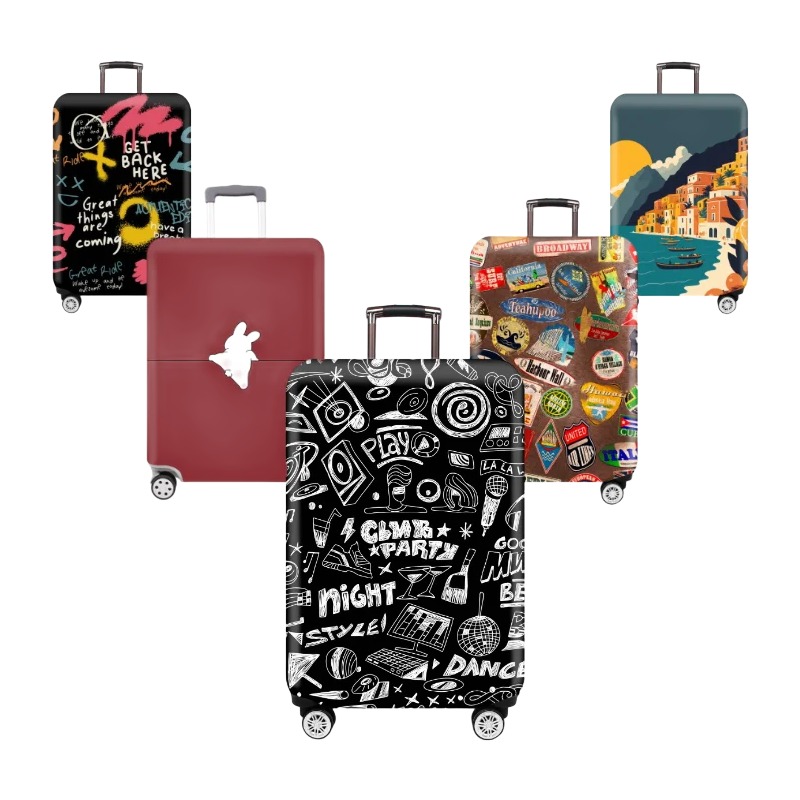 Accessoire de voyage, housse valise élastique épaisse à imprimé, vue de trois quarts