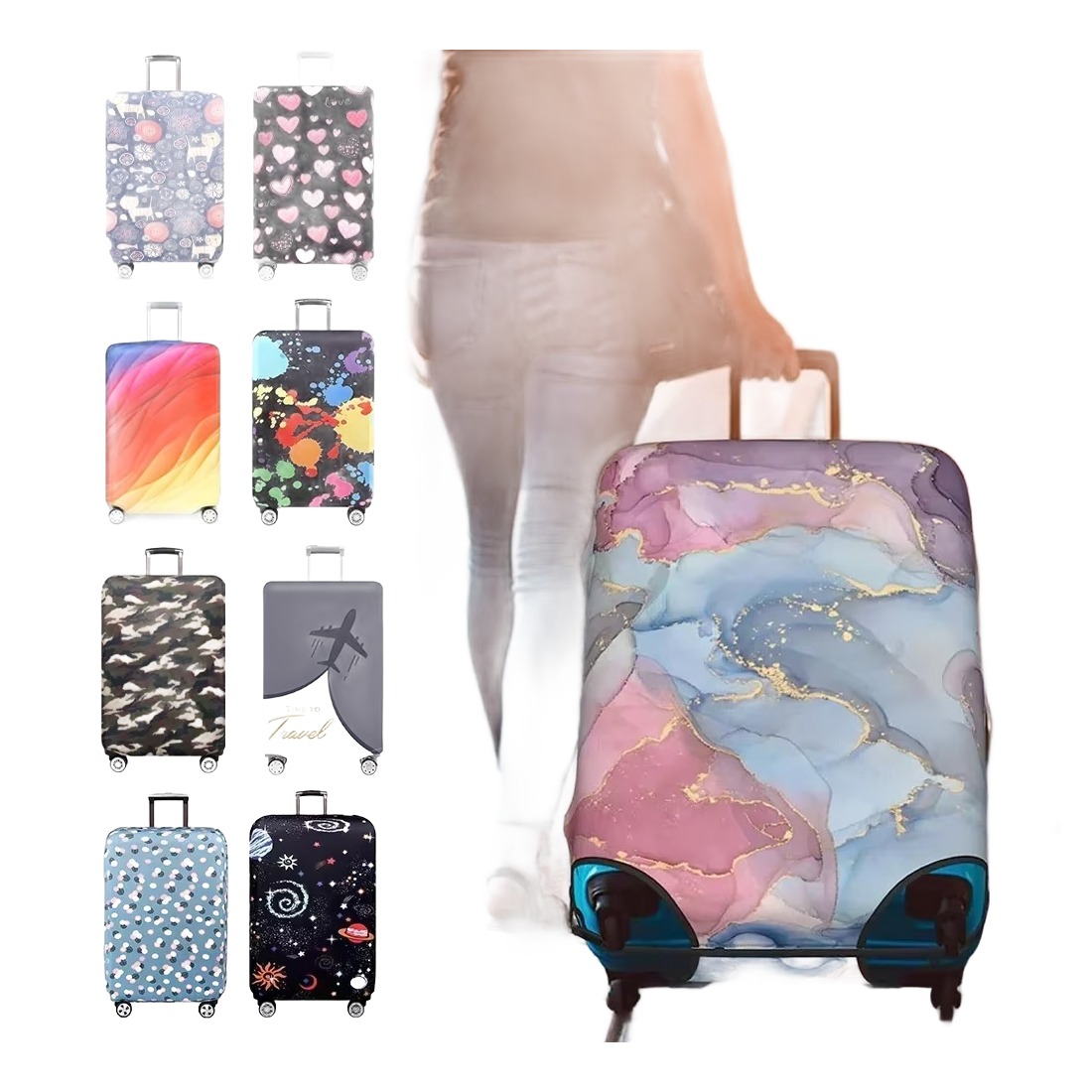 Accessoire de voyage, housse valise extensible anti-poussière, nombreux, vue de trois quarts