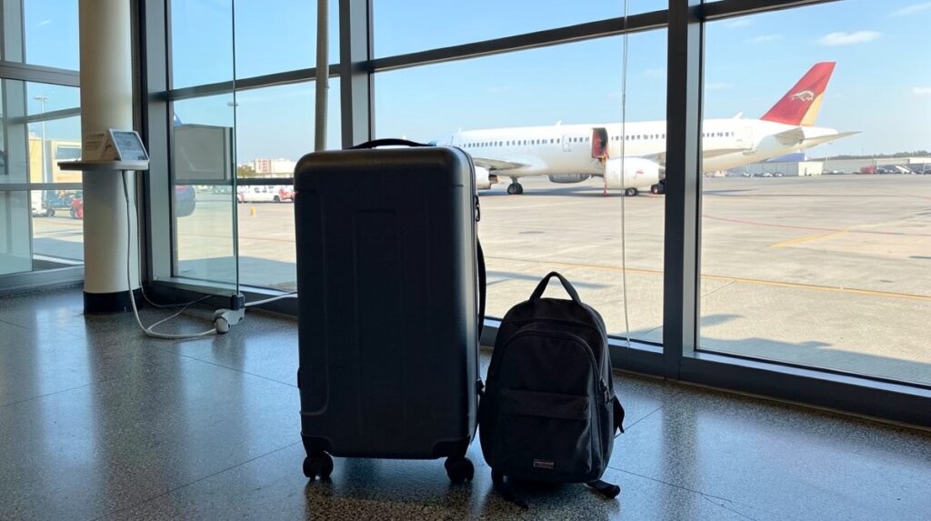 Valise cabine rigide et petit sac à dos aux cotes du bagage cabine Tunisair devant une porte d'embarquement