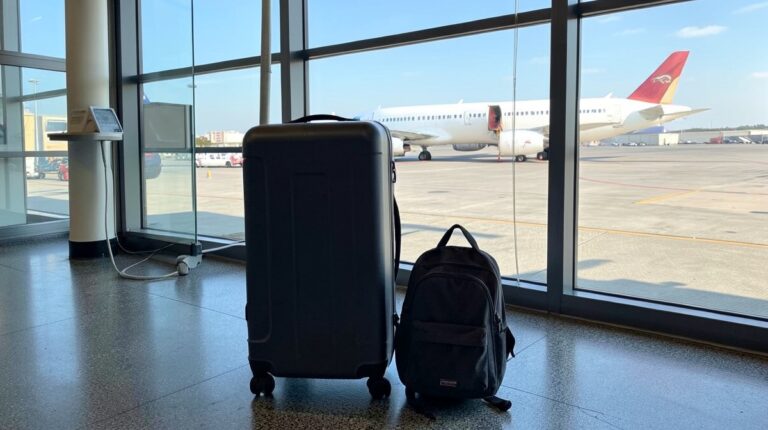 Valise cabine rigide et petit sac à dos aux cotes du bagage cabine Tunisair devant une porte d'embarquement