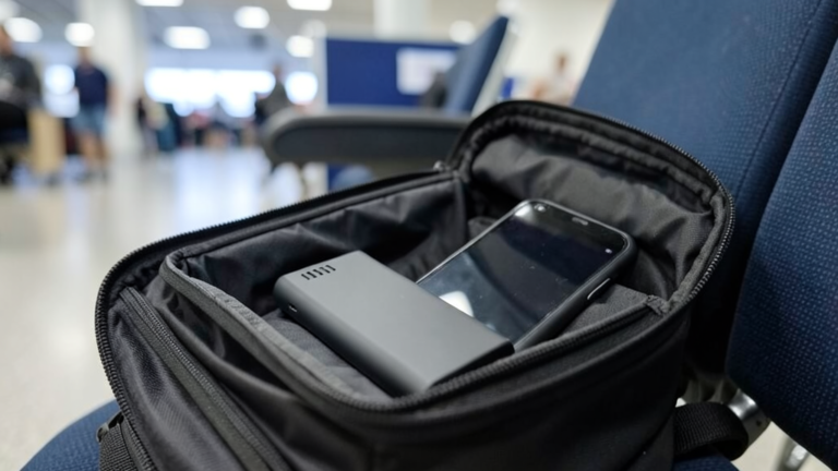 Batterie externe et téléphone dans un sac à dos cabine, prêts pour l'avion