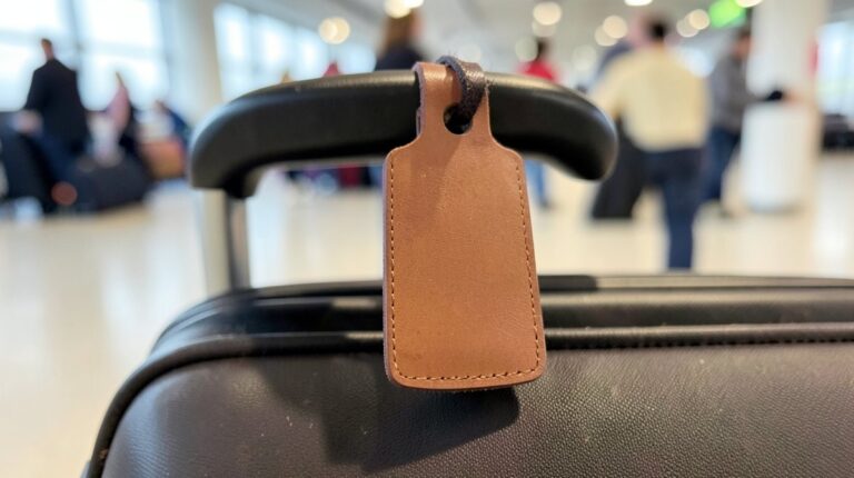 Étiquette bagage en cuir accrochée à la poignée d'une valise dans un hall d'aéroport
