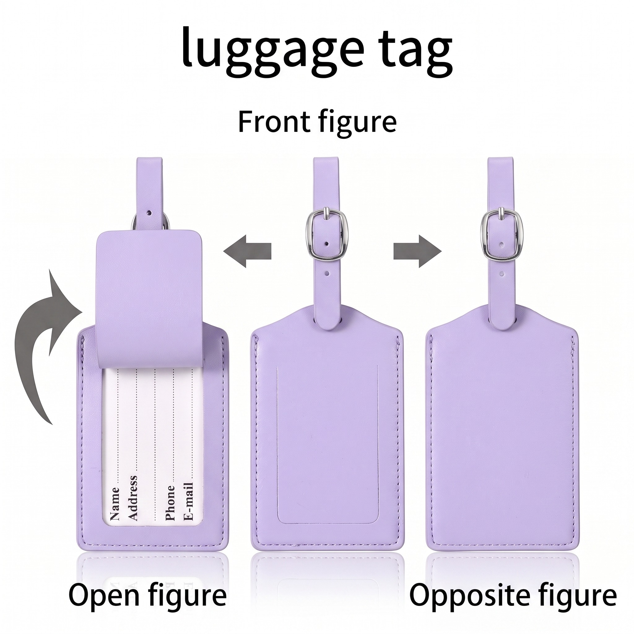 Etiquette valise, etiquette bagage cuir PU avec volet de confidentialite, vue de trois quarts