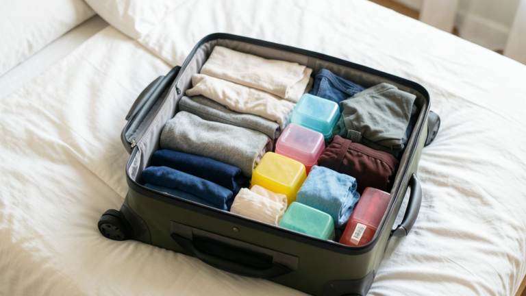 Gagner de la place dans une valise avec vêtements roulés et cubes
