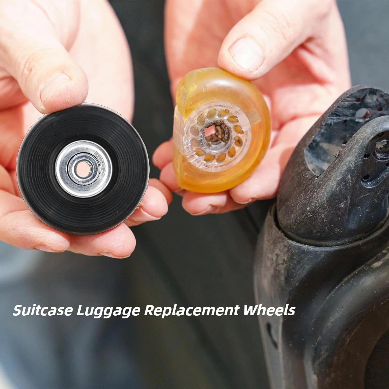 Kit de réparation roues de valise avec essieux et vis, vue de face