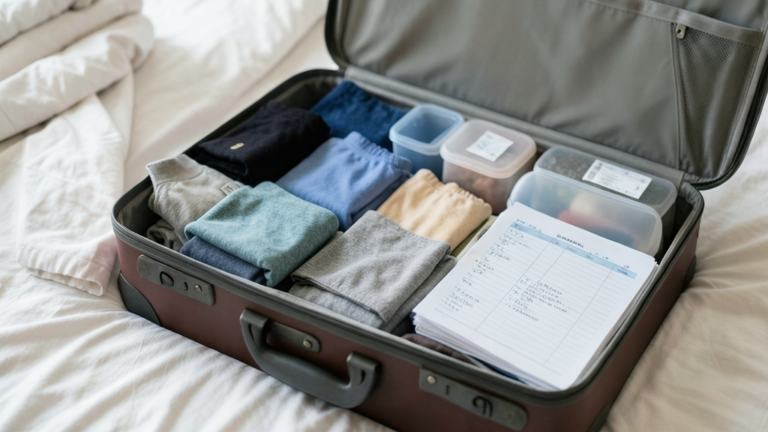 Liste valise, affaires posées à côté d'une valise cabine ouverte
