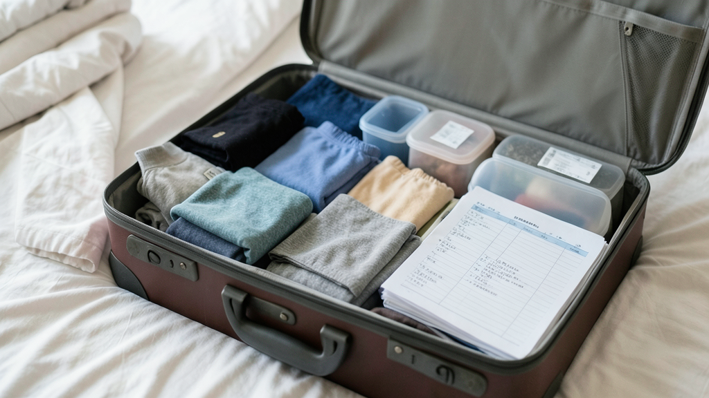 Liste valise, affaires posées à côté d'une valise cabine ouverte