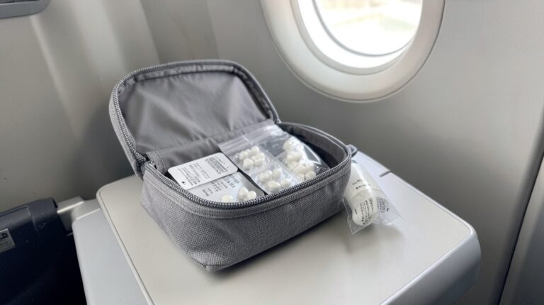 Trousse de médicaments en avion ouverte sur une tablette près du hublot, plaquettes et petit flacon