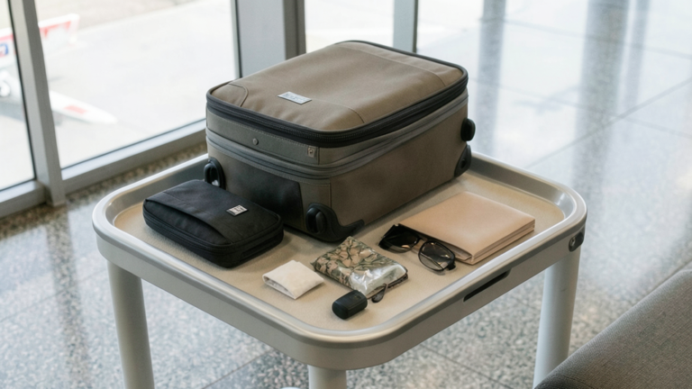 Objet interdit en cabine : bac de contrôle aéroport avec valise cabine