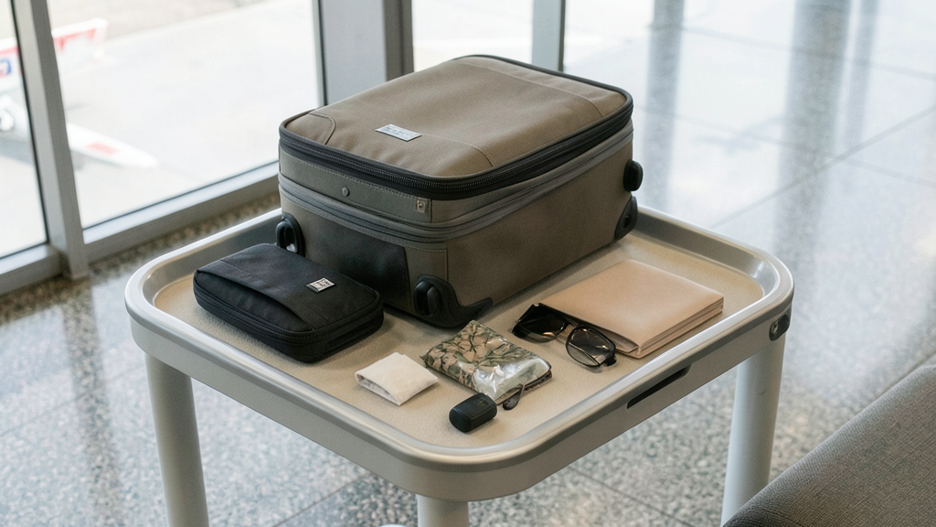 Objet interdit en cabine : bac de contrôle aéroport avec valise cabine