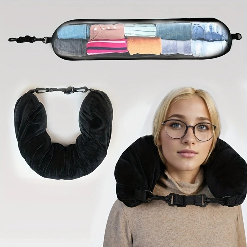 Oreiller de voyage réglable avec pochette de rangement, accessoire, vue de trois quarts