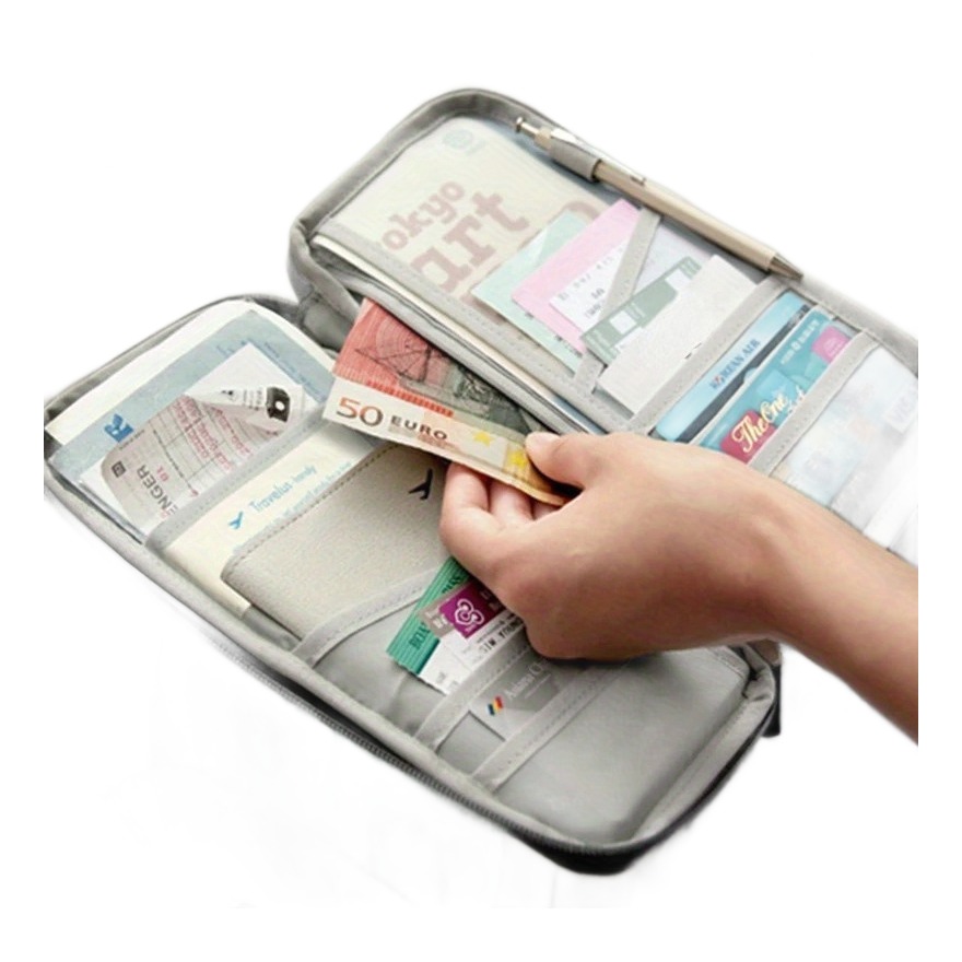 Pochette de voyage pour passeport et cartes, accessoire de voyage zippé, vue de face