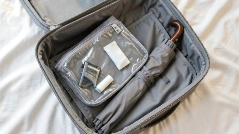 Valise cabine ouverte avec une trousse de toilette transparente et un parapluie, pour la règle du rasoir en bagage cabine