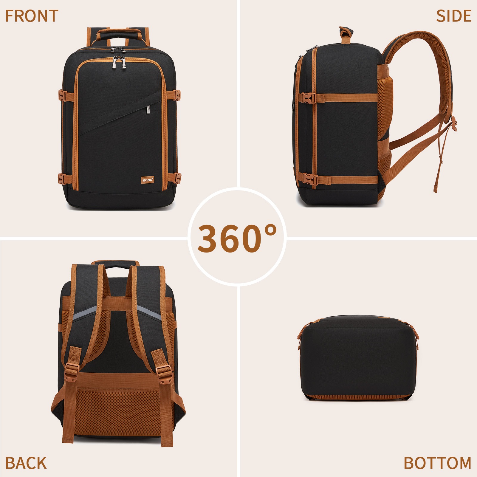 Sac à dos cabine 40 x 30 x 20 cm, 24 litres sous le siège, vue de trois quarts