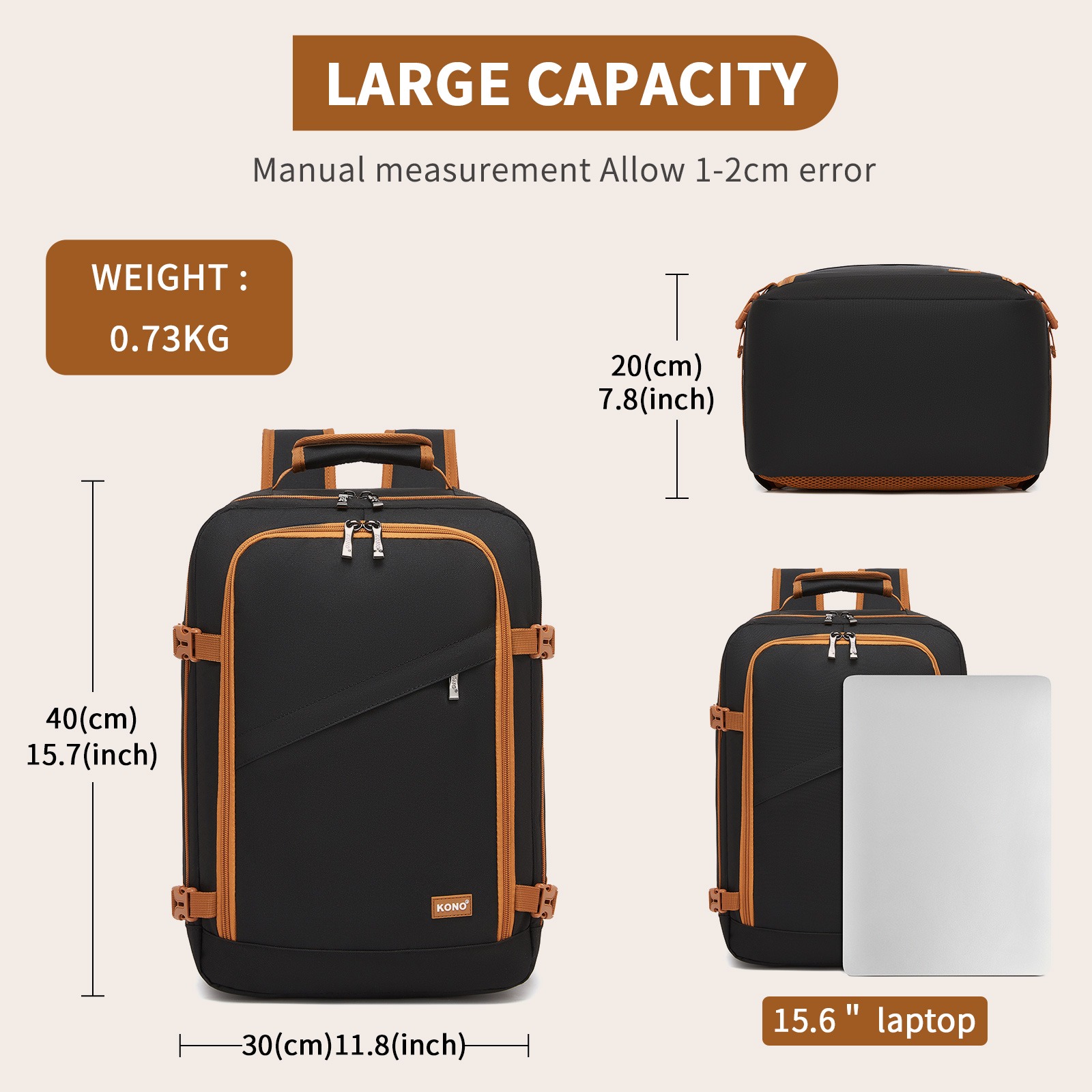 Sac à dos cabine 40 x 30 x 20 cm, 24 litres sous le siège, vue de face
