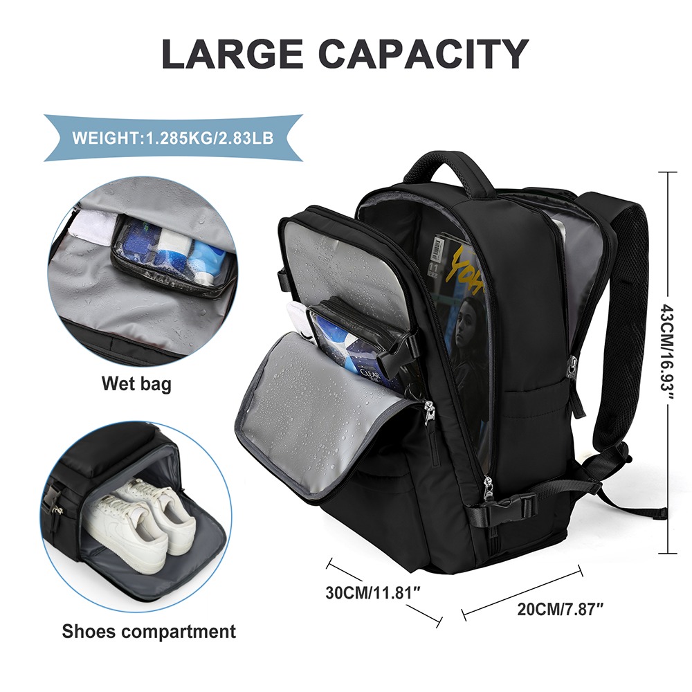 Sac à dos cabine avec poche à chaussures et poche humide, vue de trois quarts