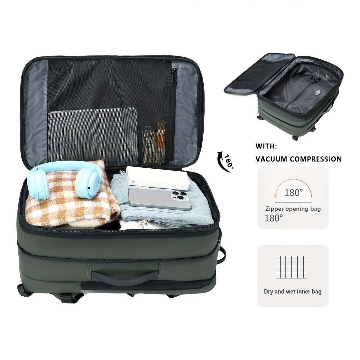 Sac à dos cabine extensible à compression sous vide 26 à 39 L, vue de trois quarts