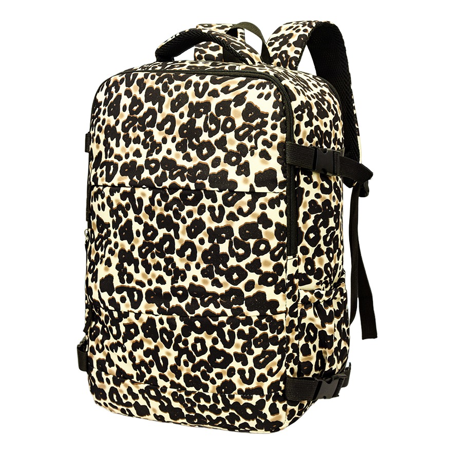 Sac à dos cabine imprimé léopard à ouverture complète, 44x28x15 cm, vue de trois quarts