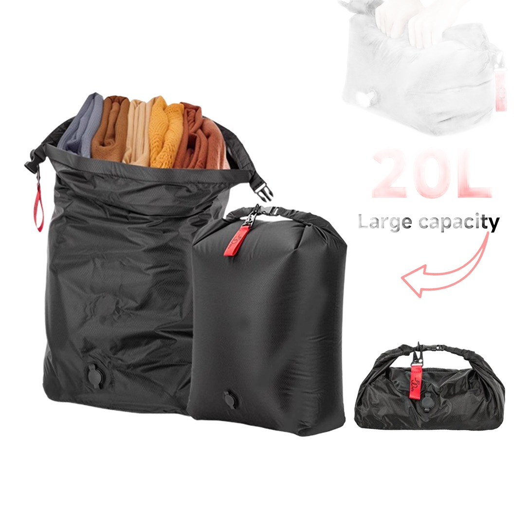 Sac de compression étanche à valve, 10 ou 20 litres, vue de trois quarts