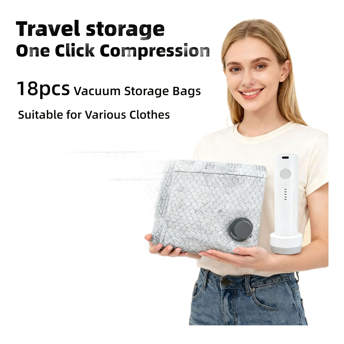 Sac sous vide voyage : 6 sacs et pompe électrique rechargeable, vue de trois quarts