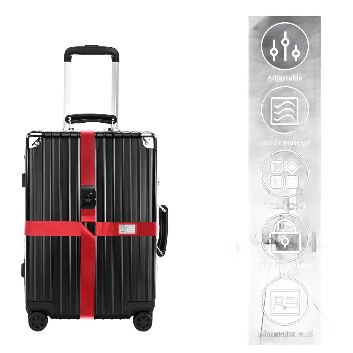 Sangle valise croisée avec serrure à code agréée, vue de trois quarts
