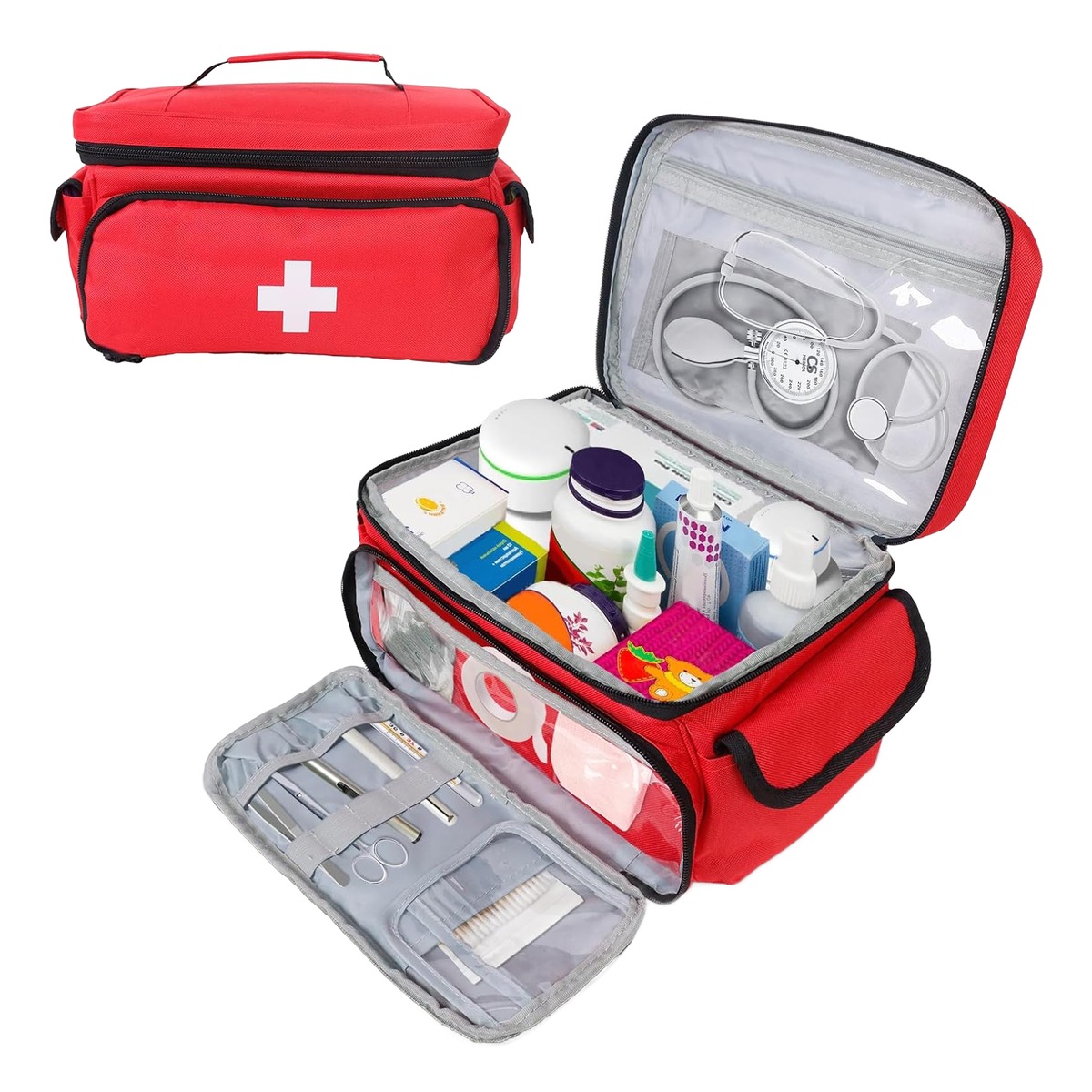 Trousse à pharmacie de voyage, compartiments et couleur vive, detail