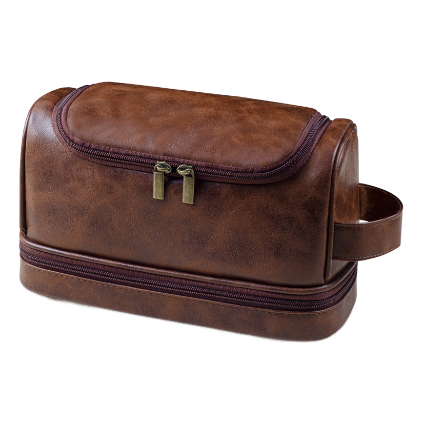 Trousse de toilette voyage suspendue pour homme, effet cuir, vue de trois quarts