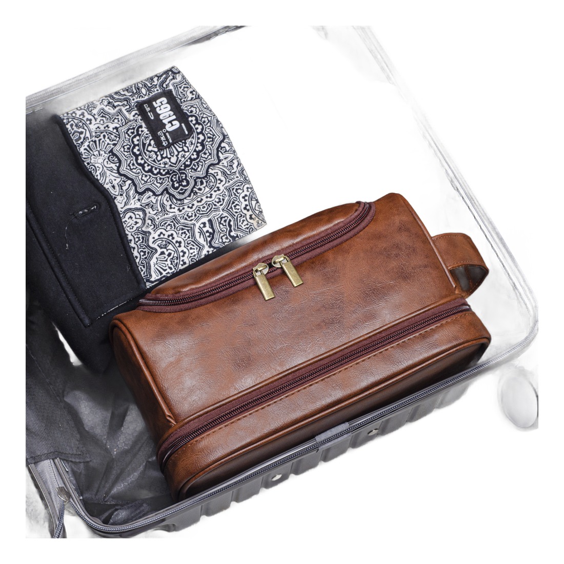 Trousse de toilette voyage suspendue pour homme, effet cuir, vue de face
