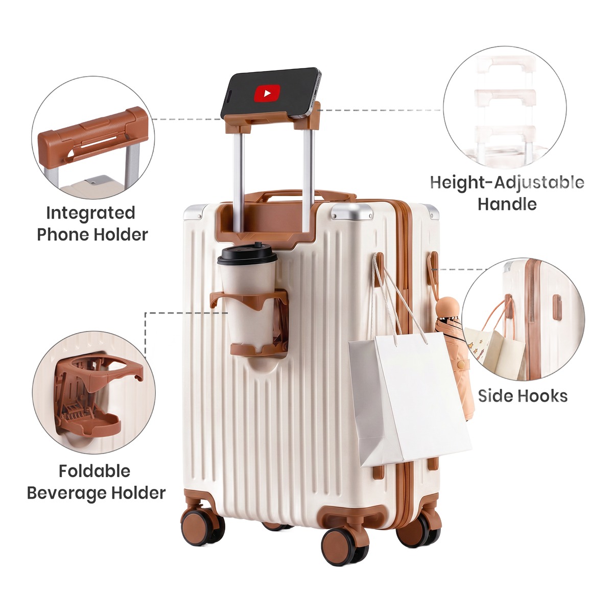 Valise cabine rigide 20 pouces ABS, 54x35x22 cm, porte-gobelet, vue de face