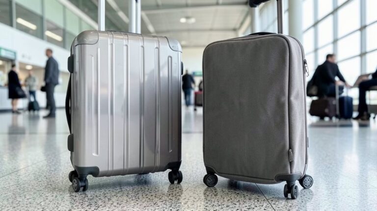 Valise rigide ou souple : une valise cabine à coque rigide à côté d'une valise cabine en tissu