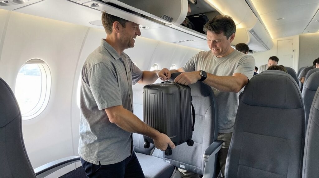Bagage cabine pour un vol Air Canada : deux voyageurs rangent une valise rigide grise dans le coffre au-dessus des sièges d'un avion