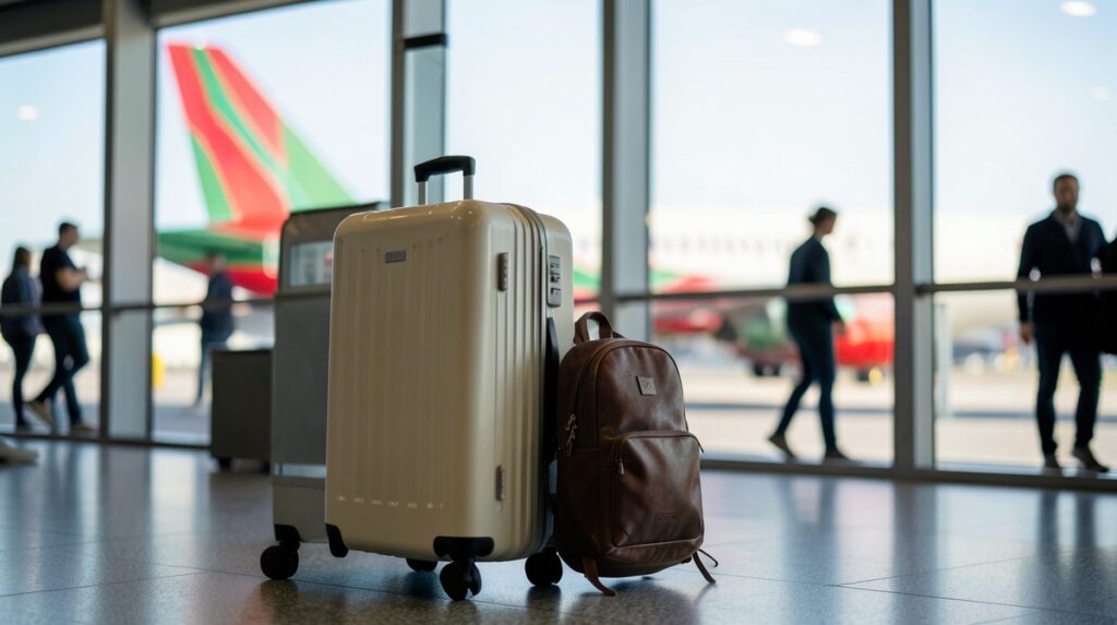 Bagage cabine pour un vol Royal Air Maroc : valise rigide crème et sac à dos en cuir posés devant la baie vitrée d'une porte d'embarquement